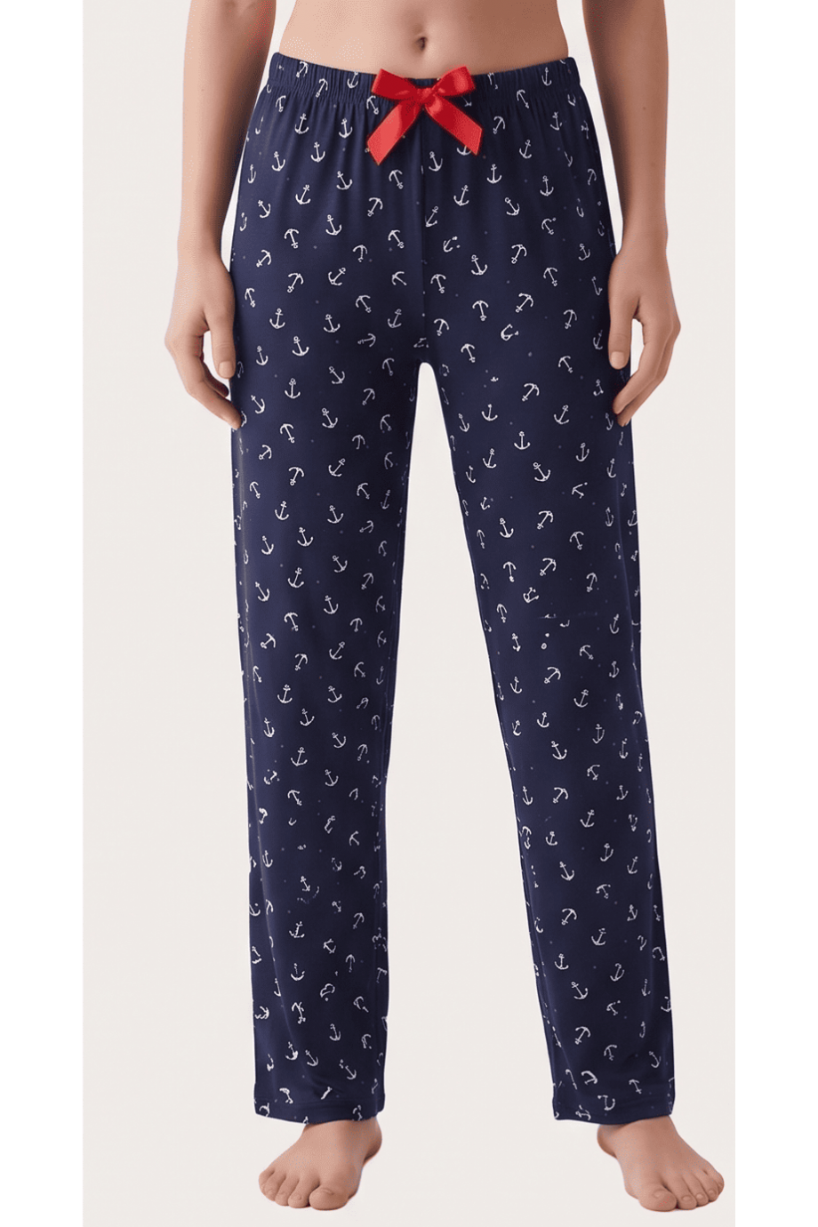 Viskon Lacivert Çapa Desenli Kadın Pijama Altı - Katlı Üst Genel Görünüm | Linay Butik Kadın Ev Giyimi